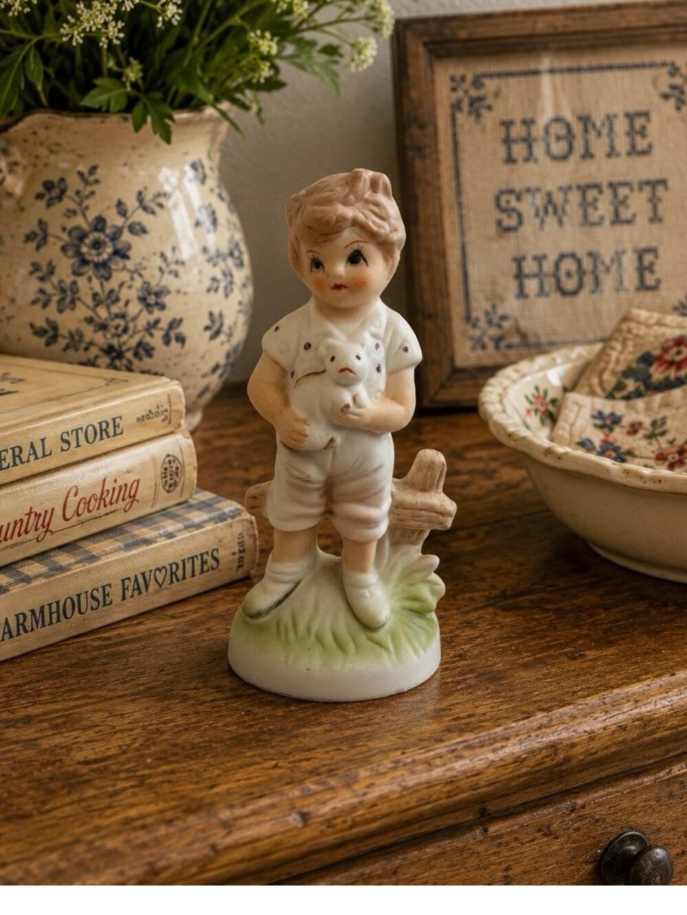 Vintage Bisque Boy Holding Lamb Figurine Farm Fence Pastoral Country Cottage